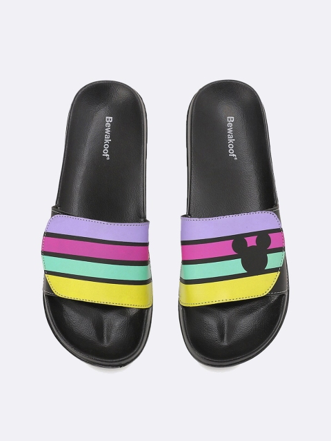 

Bewakoof Women Black & Yellow Striped Mickey Adjustable Sliders