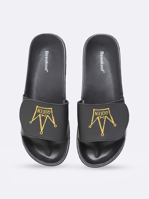 

Bewakoof Women Black & Yellow Printed Lightweight Adjustable Strap Rubber Sliders