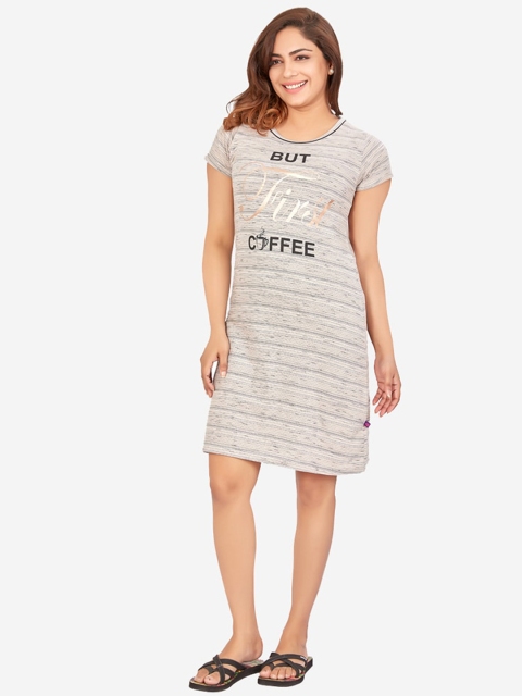 

July Nightwear Women Grey Typography Printed Pure Cotton T Shirt Nightdress