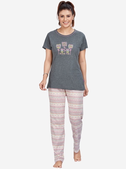 

July Nightwear Women Grey & Beige Printed Cotton Night Suit