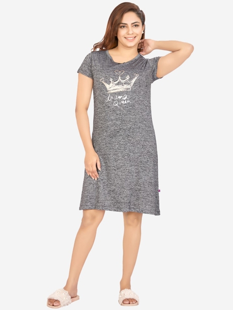 

July Nightwear Black Printed Pure Cotton T-shirt Nightdress