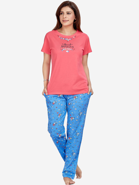 

July Nightwear Women Pink & Blue Printed Night suit