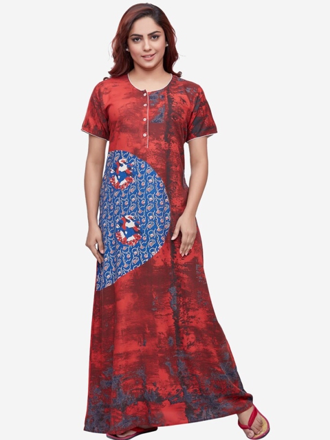 

July Nightwear Maroon & Blue Printed Maxi Nightdress