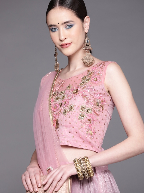 

Mitera Women Pink & Purple Embroidered Lehenga & Blouse With Dupatta