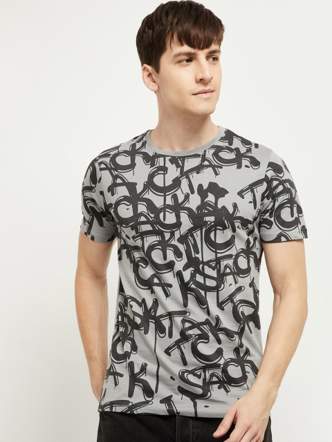 

max Men Grey Typography Printed Cotton T-shirt
