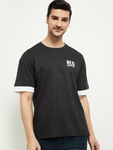 

max Men Charcoal Drop-Shoulder Sleeves Monochrome Applique T-shirt