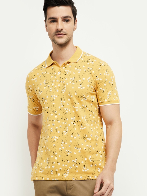 

max Men Yellow Floral Printed Polo Collar Cotton T-shirt