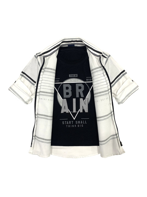 

CAVIO Boys Off White Premium Horizontal Striped Casual Shirt with T-shirt