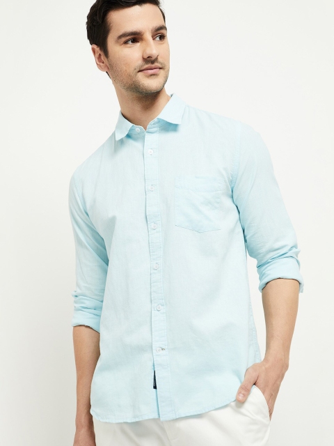 

max Men Turquoise Blue Comfort Regular Fit Cotton Linen Casual Shirt