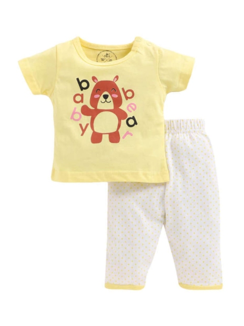 

Clt s Unisex Kids Yellow & White Printed Cotton Night suit