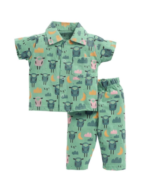 

Clt s Unisex Kids Green Printed Pure Cotton Night suit