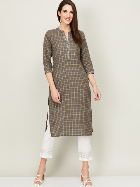 

Melange by Lifestyle Women Grey & Beige Checked Pure Cotton Straight Kurta