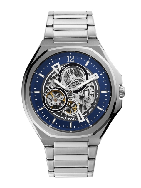 

Fossil Men Blue Skeleton Dial & Silver Toned Stainless Steel Bracelet Style Straps Analogue Automatic Motion Watch