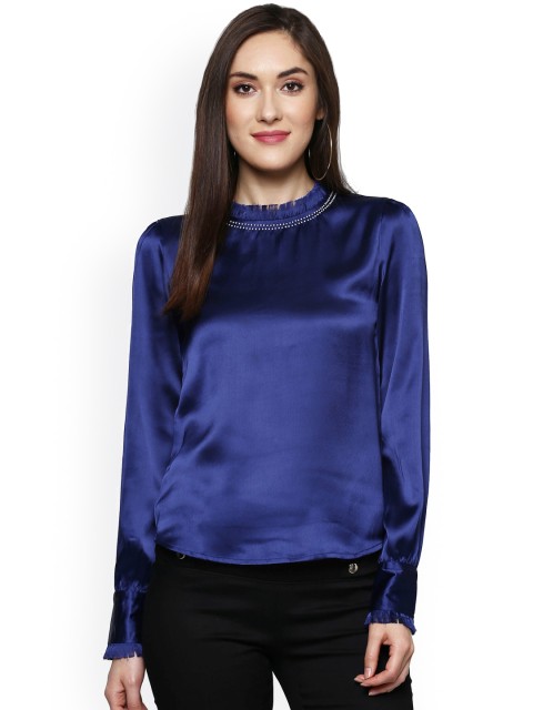 

SASSAFRAS Women Navy Blue Solid Satin Top