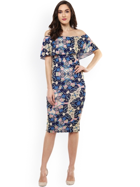 

SASSAFRAS Women Blue Floral Print Off-Shoulder Bodycon Dress