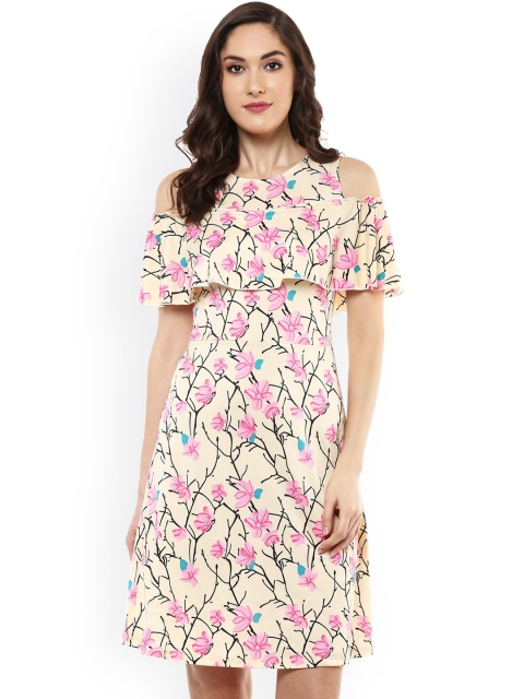 

SASSAFRAS Women Cream Floral Print A-Line Dress