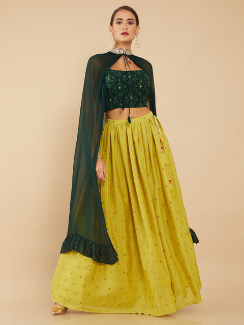 

Soch Green & Gold-Toned Embroidered Mirror Work Unstitched Lehenga &