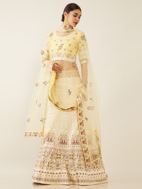 

Soch Yellow & Maroon Embroidered Mirror Work Unstitched Lehenga & Blouse With Dupatta