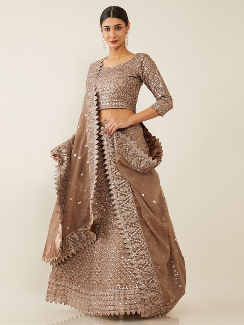 

Soch Brown Embroidered Sequinned Unstitched Lehenga & Blouse With Dupatta