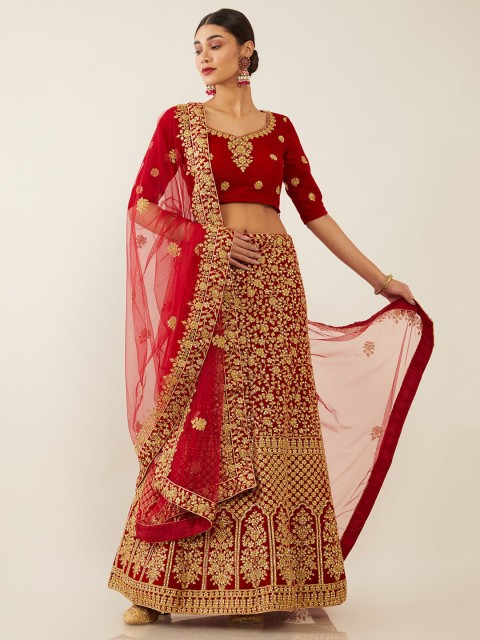 

Soch Magenta & Gold-Toned Velvet Embroidered Unstitched Lehenga & Blouse With Dupatta