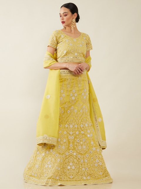 

Soch Yellow & White Embroidered Mirror Work Unstitched Lehenga & Blouse With Dupatta