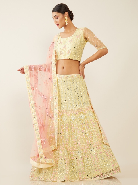 

Soch Yellow & Pink Embroidered Mirror Work Unstitched Lehenga & Blouse With Dupatta