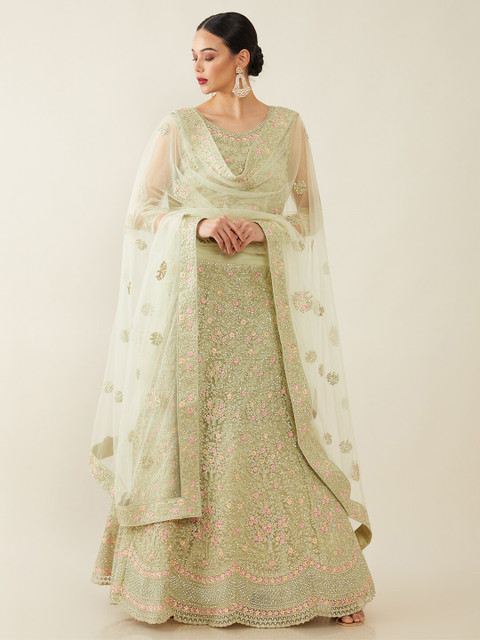 

Soch Green & Pink Embroidered Unstitched Lehenga & Blouse With Dupatta