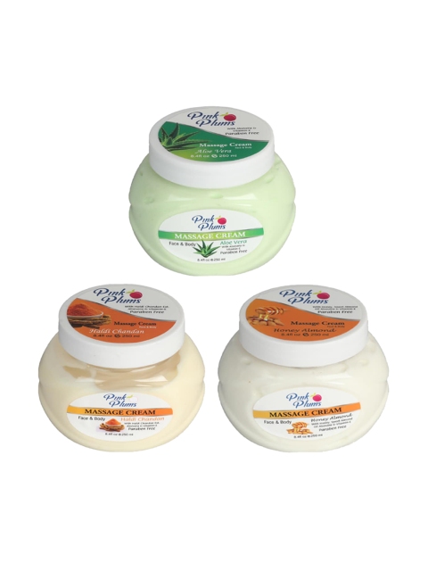 

Pink Plums Set of 3 Aloe Vera Haldi Chandan Honey Almond Face & Body Massage Cream, Multi