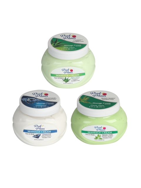 

Pink Plums Set of 3 Aloe Vera Diamond Neem Tulsi Face & Body Massage Cream - 250 ml Each, Off white