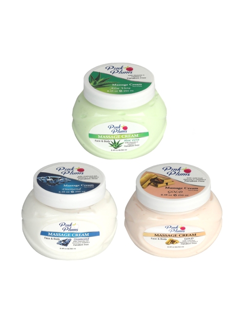 

Pink Plums Set of 3 Aloe Vera Diamond & Gold Face & Body Massage Creams 250 ml Each, Multi