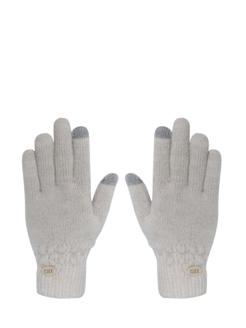 

LOOM LEGACY Women Cream-Coloured & Grey Patterned Acrylic Hand Gloves