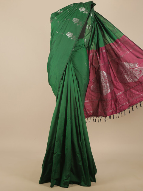 

Pothys Green & Silver-Toned Floral Zari Art Silk Saree