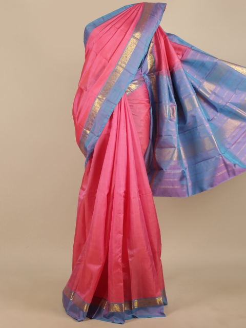 

Pothys Pink & Blue Solid Pure Silk Saree