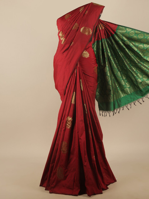 

Pothys Maroon & Green Ethnic Motifs Woven Design Zari Art Silk Saree