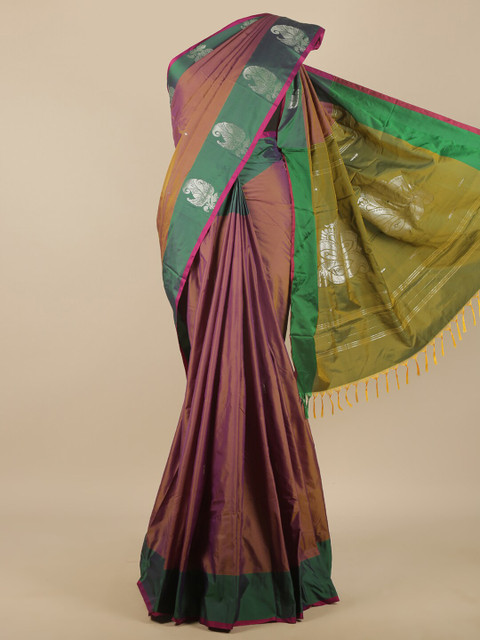 

Pothys Mauve & Green Silver-Toned Woven Design Art Silk Saree