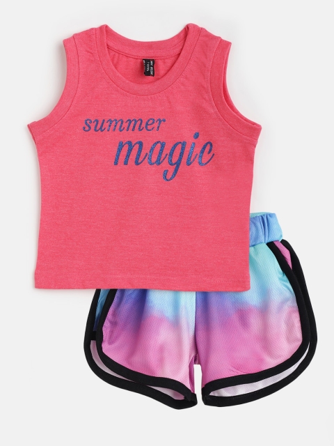 

GAME BEGINS Girls Pink & Blue Printed & Dyed Cotton Co-ord Set