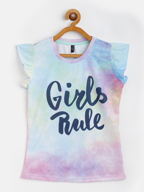 

GAME BEGINS Girls Blue & Pink Tie and Dye Cotton Top with Typography Print Detail