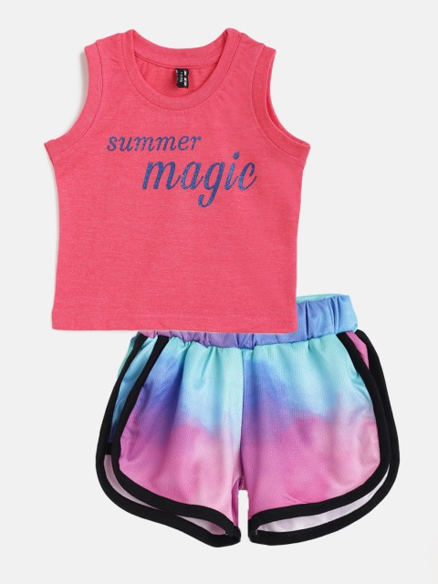 

GAME BEGINS Girls Pink & Blue Printed & Dyed Cotton Co-ord Set