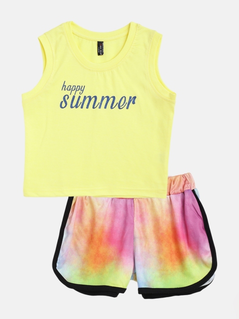 

GAME BEGINS Girls Yellow & Pink Printed & Dyed Cotton Co-ord Set