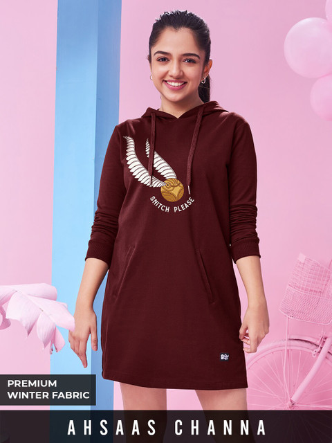 

The Souled Store Maroon Harry Potter Printed Hooded Cotton T-shirt Dress
