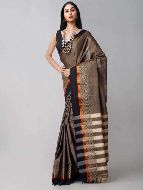 

Unnati Silks Grey & Black Woven Design Zari Pure Cotton Chettinad Saree