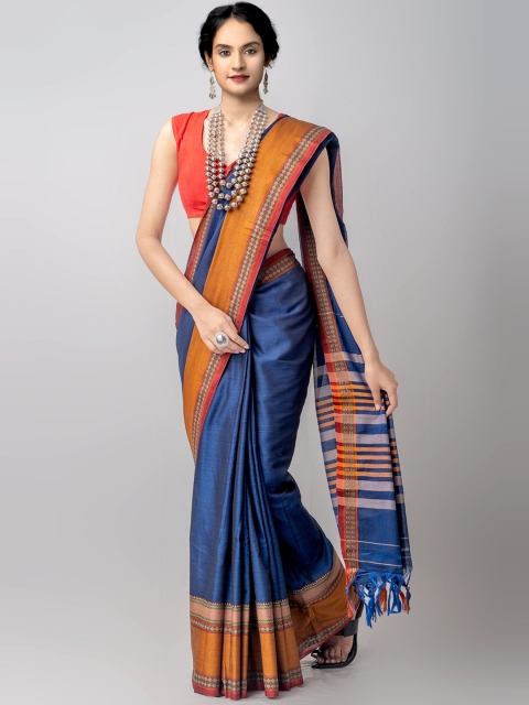 

Unnati Silks Blue & Orange Woven Design Pure Handloom Sustainable Kanjeevaram Saree