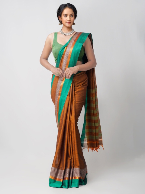 

Unnati Silks Brown & Green Woven Design Pure Cotton Pure Handloom Chettinad Saree