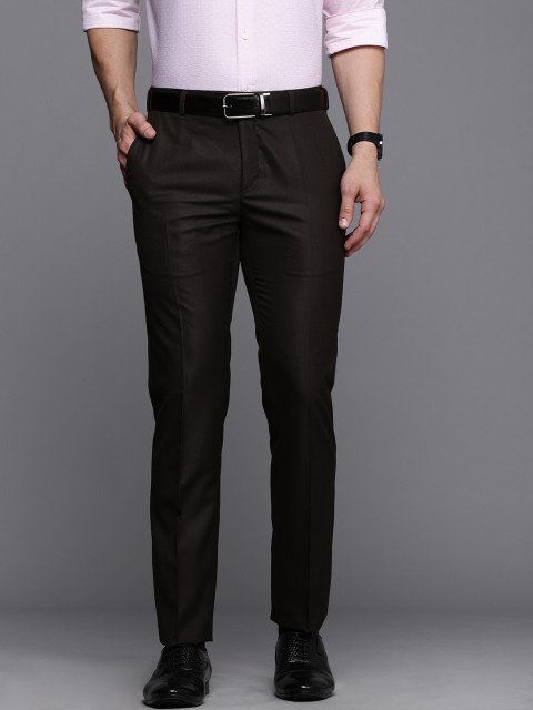 

Raymond Men Dark Brown Textured Self Design Slim Fit Mid-Rise Flat-Front Formal Trousers
