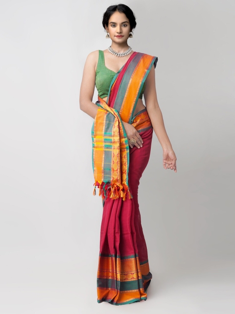

Unnati Silks Red & Yellow Zari Pure Cotton Narayan Peth Handloom Sustainable Saree