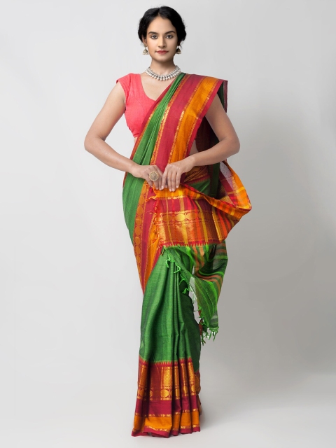 

Unnati Silks Green & Red Woven Design Zari Pure Cotton Narayan Peth Saree