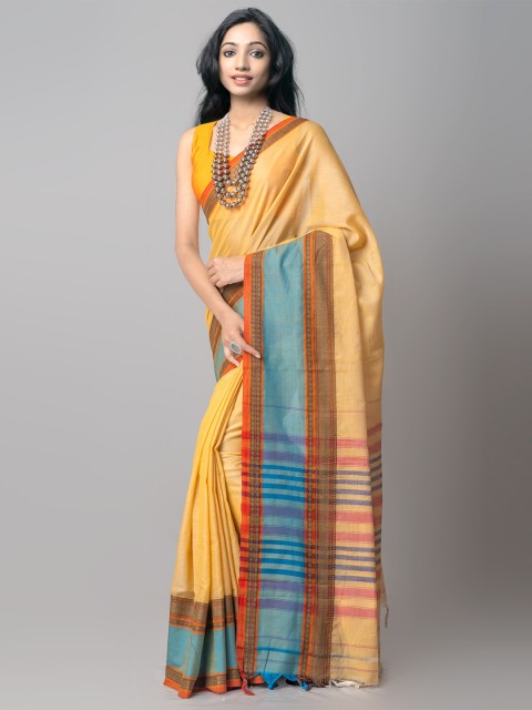 

Unnati Silks Cream-Coloured & Blue Woven Design Pure Cotton Kanjeevaram Saree