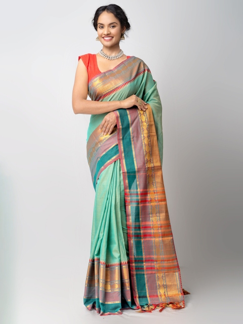 

Unnati Silks Green & Red Woven Design Zari Pure Cotton Narayan Peth Saree