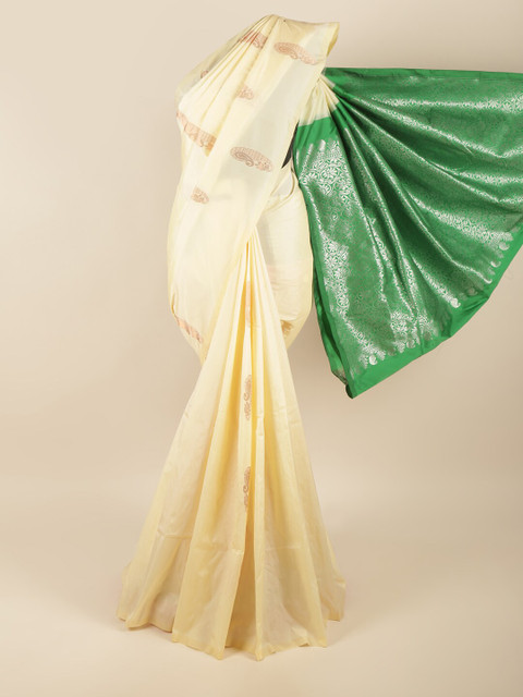 

Pothys Cream-Coloured & Green Ethnic Motifs Zari Art Silk Saree