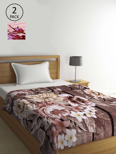 

KLOTTHE Pink & Brown Set of 2 1000 GSM Floral Heavy Winter Single Bed Blanket